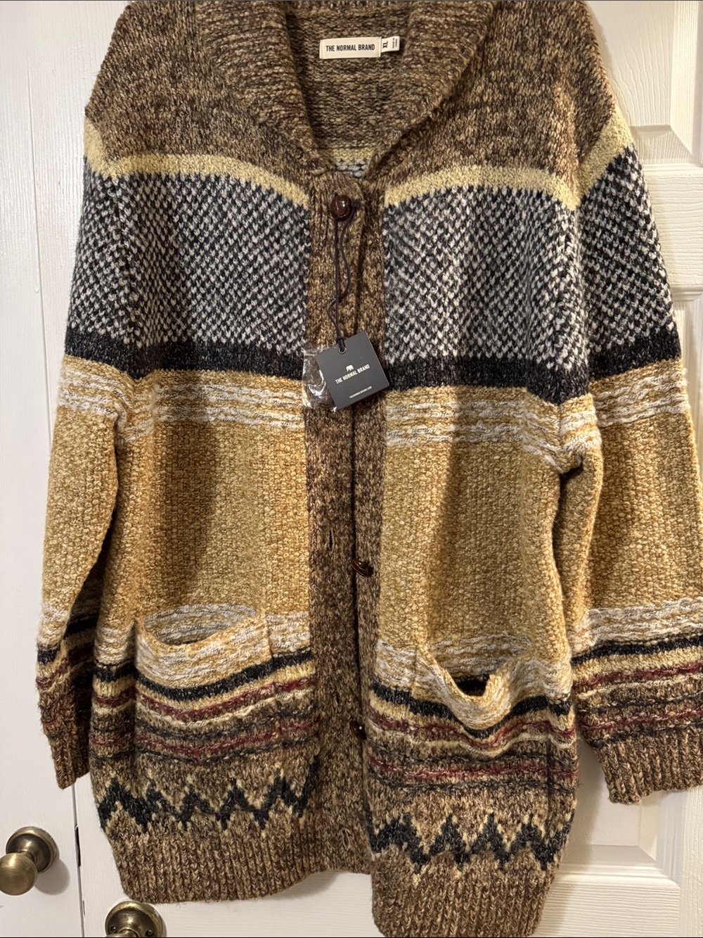 The Normal Brand Multicolor Shawl-Collar Cardigan - Mustard, Brown & Gray